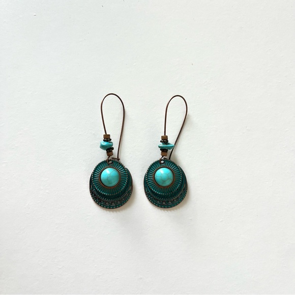 Turquoise Color and Bronze Boho Hippie Earrings - Picture 1 of 6